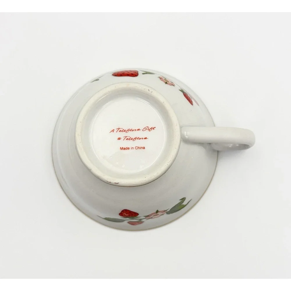 Vintage Teleflora Strawberry Vine Tea Cup and Saucer Set Gold Rim Cottagecore